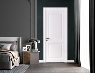 modern bedroom with bathroom door and wooden floor, bed with bedside table, white door with carpet interior design concept , 3d illustration