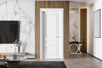 living door with  Tv cabinet with white door, Modern interior of living room with sofa and carpet ,cabinet and door 3d rendering
