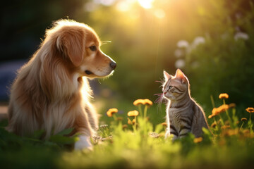 Cat and dog siting together in the yard, playing outdoor in sunny garden - obrazy, fototapety, plakaty