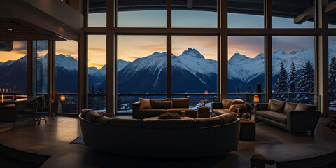 Mountain lodge mansion, panoramic windows, view of snow-capped mountains, twilight with indoor lights glowing warmly