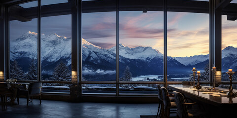 Mountain lodge mansion, panoramic windows, view of snow-capped mountains, twilight with indoor lights glowing warmly