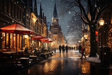 Fototapeta na wymiar Christmas winter city street with small houses poster. Background for greeting cards, postcards, letters, labels, web, etc.