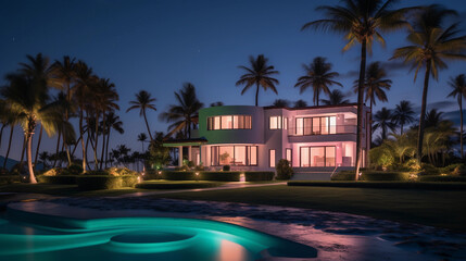Oceanfront mansion, art deco design, neon-lit exterior, palm trees swaying in the wind, full moon illuminating the property