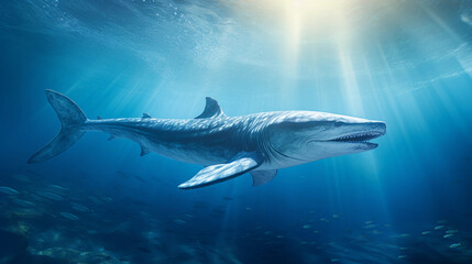 Fototapeta premium blue whale gliding underwater, lens flare from the sunlight penetrating the ocean, calm, tranquil, natural marine environment