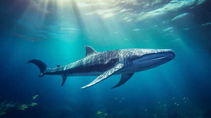 blue whale gliding underwater, lens flare from the sunlight penetrating the ocean, calm, tranquil,...
