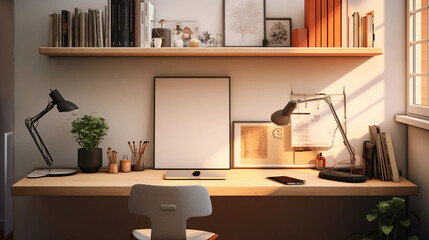 compact home office, space-saving design, wall-mounted desk, floating shelves, whiteboard, clutter-free