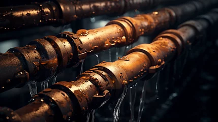 Foto op Plexiglas rusted copper pipe system, intricately tangled, aged patina, corrosion details, droplets of water hanging, spotlight illumination © Marco Attano