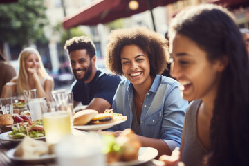Group of happy young mix race people having lunch outdoors in Amsterdam street restaurant. Life style concept with friends having fun together on summer holiday - Powered by Adobe