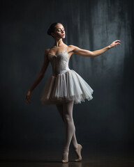 Profile view of a ballerina, delicately balancing on one foot, closeup on face and expressions, moody studio lighting