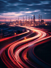 Racing drones, neon trails, maneuvering through an industrial park, shot at twilight, luminescent effects