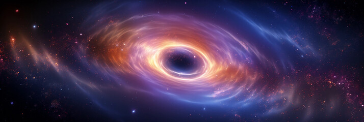 Supermassive black hole at the center of a distant galaxy, gravitational lensing effect, glowing...