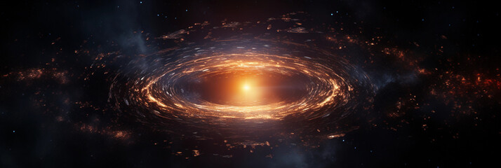 Supermassive black hole at the center of a distant galaxy, gravitational lensing effect, glowing accretion disk, celestial color palette, dark matter halo