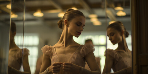 Two ballerinas, one assisting the other in stretching, behind-the-scenes look, dressing room mirrors and lights, candid