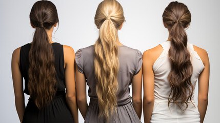 A female with various ponytails viewed from the rear stands against a blank white backdrop. - obrazy, fototapety, plakaty