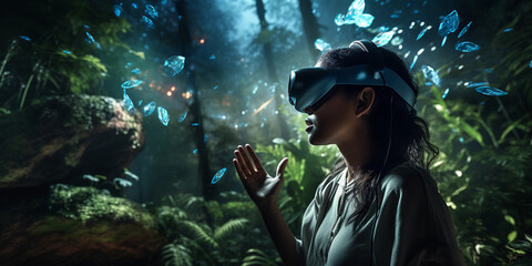 Virtual reality environment, lush forest, ethereal lighting, avatar wearing a state-of-the-art VR headset, interacting with holographic UI elements