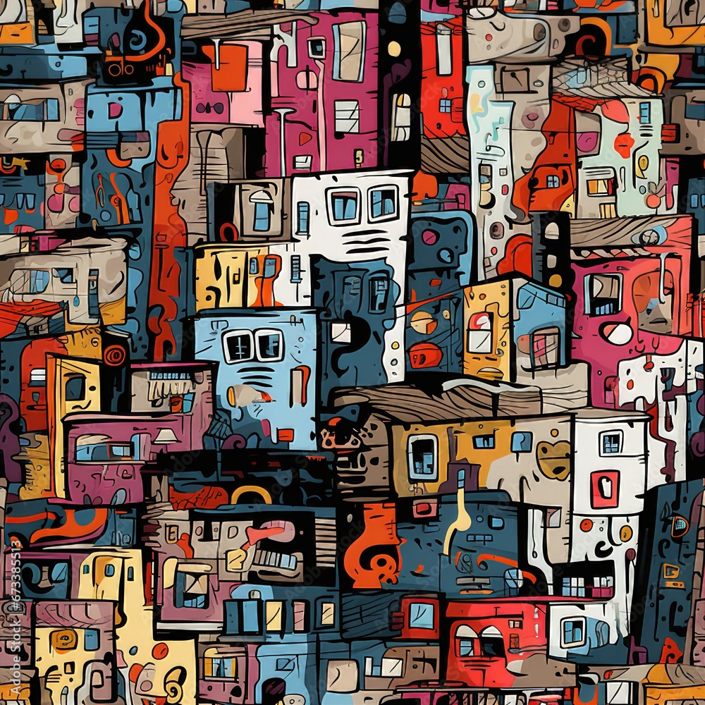 Poster rundown buildings and graffiti vibes pattern