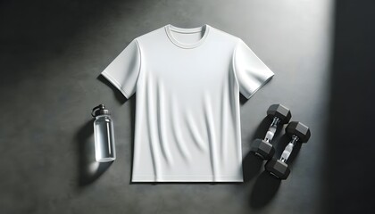 Gym fitness blank white t shirt on the floor with dumbbells and a metallic water bottle mockup...