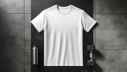 Gym fitness blank white t shirt on the floor with dumbbells and a metallic water bottle mockup...