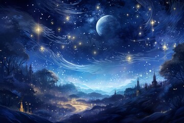 Starry night over a forest. Fantasy landscape. - obrazy, fototapety, plakaty