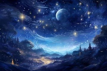 Foto op Canvas Starry night over a forest. Fantasy landscape. © Sergio Lucci