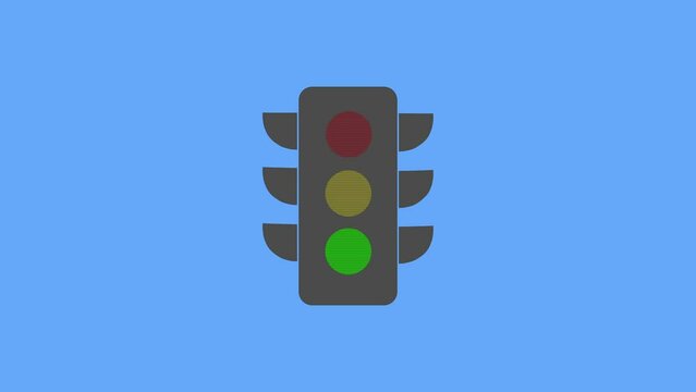 Animation of a traffic light changing color. Traffic light changing from red, to yellow, to green light. Blue background.