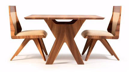 Fototapeta premium A wooden and fabric dining table and chair are separatly set on a stark white background.