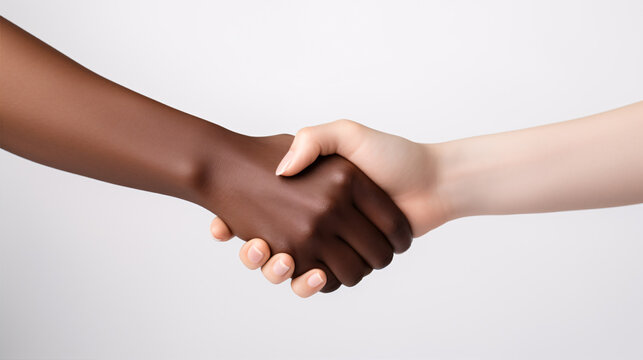 An intercultural group of young ladies clasped hands and smiled in agreement, representing team harmony and business solidarity with a white backdrop.