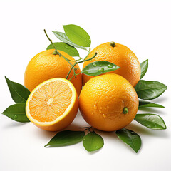 An orange with cut green foliage isolated on a white backdrop.