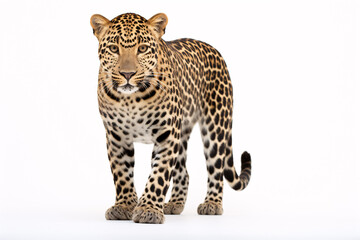 A Panthera pardus stares at the lens, in a dignified portrait, against a pure white backdrop.