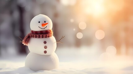 Fototapeta premium Chrismas decorations on a white snow. Cute Snowman on a blurred background with snowflakes.