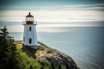 Scenic view: mountain lighthouse overlooking ocean. Generative AI