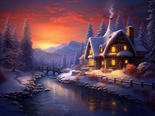 A warm cottage on a winter evening, AI generator