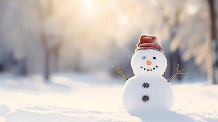 Obraz premium Chrismas decorations on a white snow. Cute Snowman on a blurred background with snowflakes.