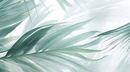 blurry image of palm leaves, white and emerald, nature-based patterns, flower and nature motifs, soft tonal range. generative AI