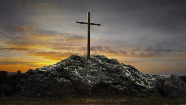 Christian Cross On A Solid Rock Under Sunset Sunrise Moving Cloud Sky 4K Christian Worship Video Background Motion Loop Religious Landscape Church Footage Backdrop Wallpaper For Christianity