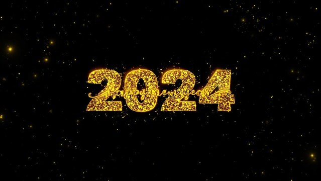 Golden 2024 Happy New year Blast text beautiful Title animation shine flickering firework bokeh background. celebration glittering Holiday. holiday. Countdown new year 2024 festival party time event