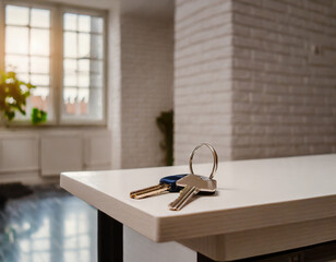 Keys on the table in new apartment or own house. Mortgage, investment, rent, real estate, property concept