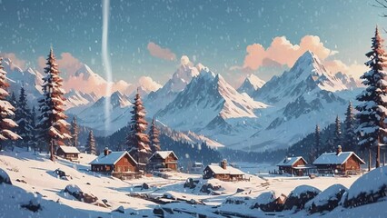 Winter landscape with snowfall and smoke under a cozy cabin nestled at base of large mountain. Snowy scene setting evokes feelings of tranquility and solitude. - Powered by Adobe
