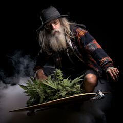 A homeless hippie smokes cannabis, cheerful and happy with life. Beautiful background. Marijuana.