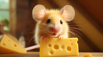 Happy Mouse with Swiss Cheese on Wooden Table