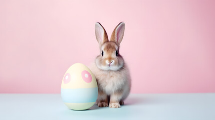 Easter Bunny with Decorative Egg on Pastel Pink Background