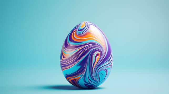 Swirled Color Marble Easter Egg on Blue Background