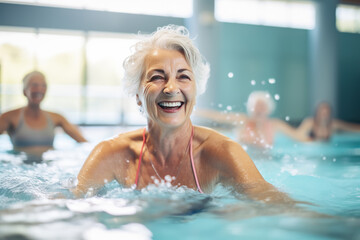 Mature women having fun and doing water aerobics in pool - obrazy, fototapety, plakaty