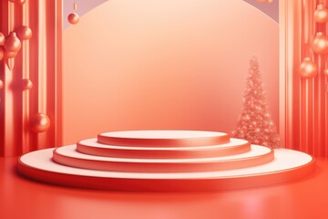 Fototapeta premium Merry Christmas banner with stage product display cylindrical shape and festive decoration for christmas, Minimal scene for mockup products, promotion display, 3D rendering product display platform.