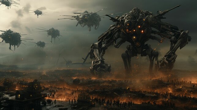 AI generated illustration of robotic military personnel in flight above a post-apocalyptic landscape