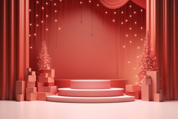 Merry Christmas banner with stage product display cylindrical shape and festive decoration for christmas, Minimal scene for mockup products, promotion display, 3D rendering product display platform.
