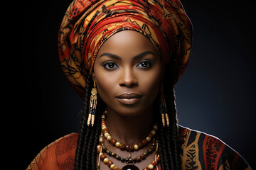 Naklejka na ściany i meble Portrait of a beautiful dark-skinned woman in African costume
