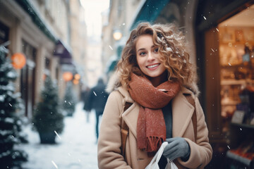 Fototapeta premium Young happy smiling woman in winter clothes at street Christmas market in Paris. Christmas shopping. concept, holding gift box.