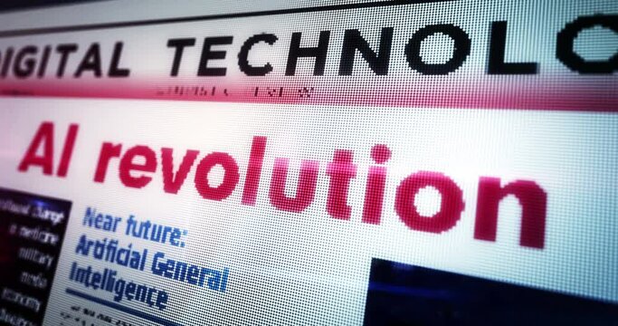 AI revolution artificial intelligence technology innovation daily newspaper reading on mobile tablet computer screen. Man touch screen with headlines news abstract concept 3d. 