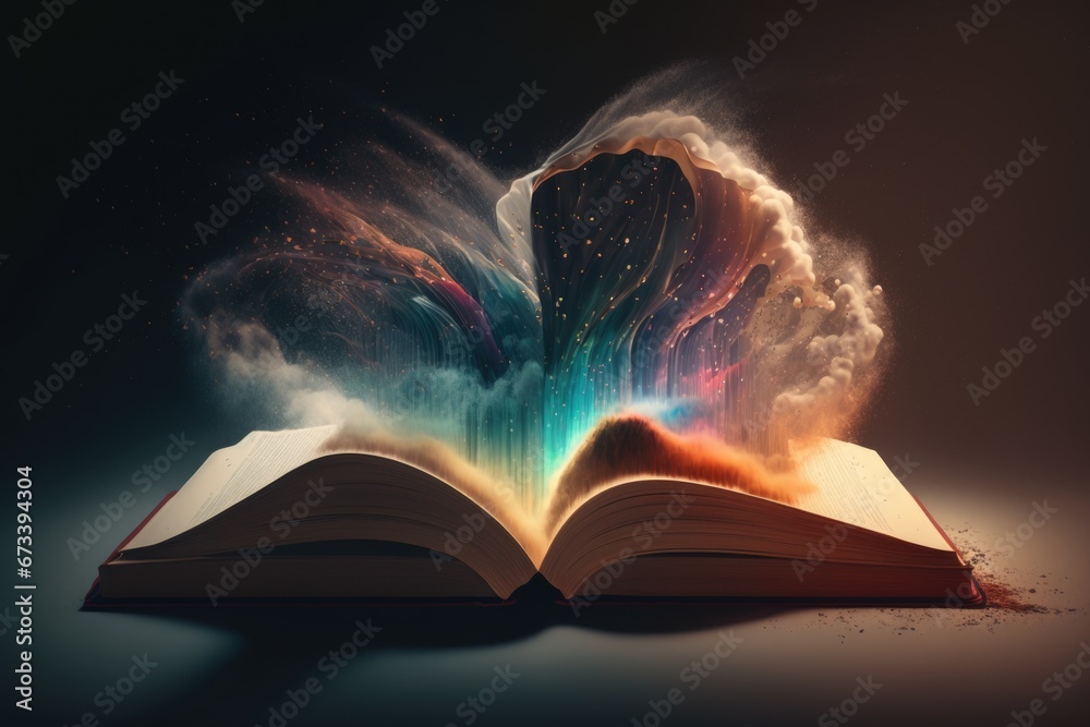 Wall mural open book with magical dust floating over it. magical book, wisdom, fairytale